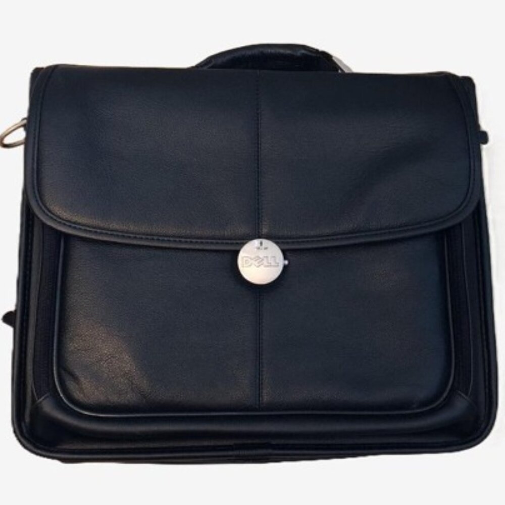 Vintage Dell Unisex Faux Black Leather Laptop Briefcase, with Strap, 16”x13”x4”